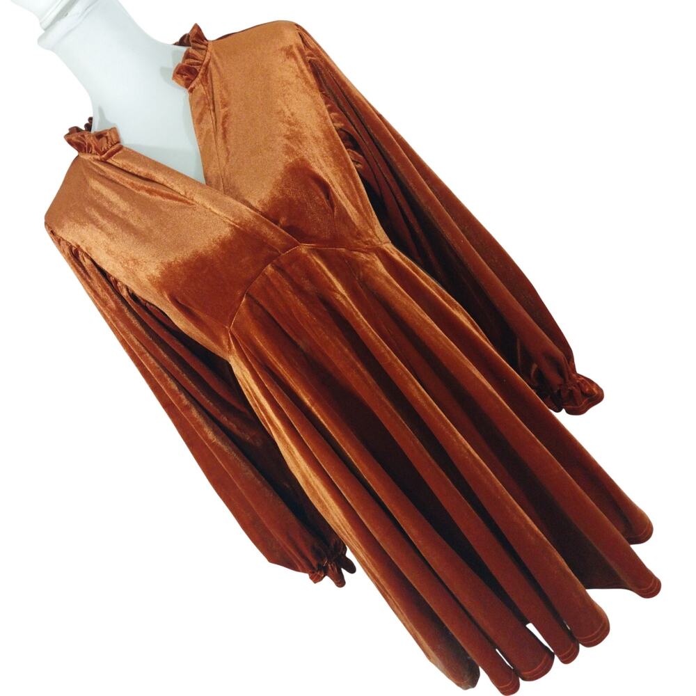 NWOT! UMGEE! ROMANTIC BURNT ORANGE STRETCH VELVET, POUF SLEEVE DRESS! SZ S